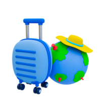 3d minimal Holiday travel trip. summer vacation trip. Recreational time. Take a flight. suitcase with a globea and beach hat. 3d illustration. png