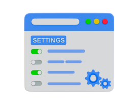 3d minimal settings page. User customize settings page. browser with users' personal page. settings page with a gear wheel icon. 3d illustration. png