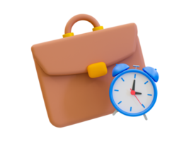 3d minimal Arbeiten Zeit Management. eilen Stunde. dringend arbeiten. Zeit ist ein Geld Konzept. Aktentasche mit ein Alarm Uhr. 3d Illustration. png