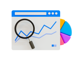 3d mínimo marketing estratégia conceito. o negócio análise. marketing dados análise. uma ampliação vidro com uma estatística página da web e uma torta gráfico. 3d ilustração. png