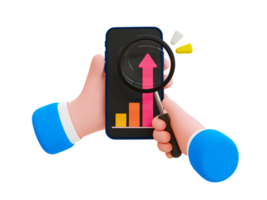 3d minimal financial investment. Business success concept. Financial soaring. hand holding a smartphone with arrows rising and magnifying glass. 3d illustration. png