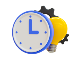 3d minimal clock with lightbulb and cogwheel. Innovative and creative icon. Spark creative ideas. create better ideas. come up with a new thing. 3d illustration.