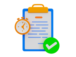 3d minimal fast working. Having a quick job done. Finishing the job in a short amount of time. clipboard with a stopwatch and green check mark. 3d illustration. png