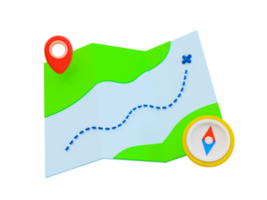 3d minimo viaggio carta geografica icona. vacanza viaggio. ricreativo tempo concetto. carta geografica con un' bussola e Posizione icona. 3d illustrazione. png