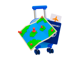 3d minimal Holiday travel trip. summer vacation trip. Recreational time. Take a flight. Map with a suitcase and passport. 3d illustration. png