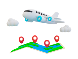 3d minimal Holiday travel trip. summer vacation trip. Recreational time. Take a flight. Map with a location icon and airplane above. 3d illustration. png