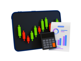 3d minimal handel diagram. stock marknadsföra prognoser. stock marknadsföra analys. stock marknadsföra Graf med en kalkylator och statistisk papper. 3d illustration. png