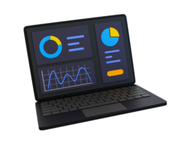 3d minimo marketing strategia concetto. attività commerciale analisi. marketing dati analisi. il computer portatile con statistica dati. 3d illustrazione. png