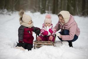 Mom and children on a vintage wooden sled against the backdrop of a winter forest. Woman with children on a winter walk. photo