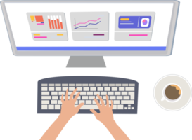 illustration of a view from above working on a computer. working on a computer and a cup of coffee. business analysis using computer png