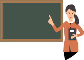 illustratie van een leraar onderwijs in voorkant van de schoolbord. illustratie van een vrouw leraar onderwijs in voorkant van de klas. png