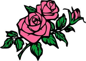 color drawing of a branch of a blooming pink rose with a black outline on a white background, logo, decor photo