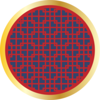 Chinese traditional lattice window frame round shape in red and gold color. png