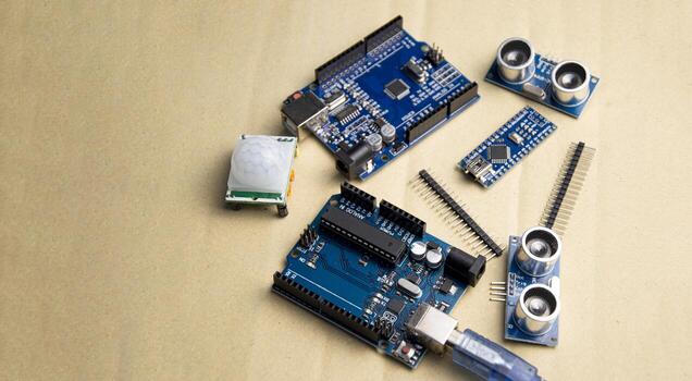 motherboard top view for using the command program writing a set of instructions or a computer program in code form photo