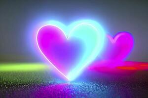 The heart shapes on abstract light neon glitter background in love concept for valentines day with sweet and romantic. Neon heart glowing background space for text. Design and digital material. photo