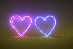 The heart shapes on abstract light neon glitter background in love concept for valentines day with sweet and romantic. Neon heart glowing background space for text. Design and digital material. photo