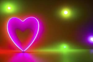 The red Heart shapes on abstract light neon glitter background in love concept for valentines day with sweet and romantic. Neon heart glowing background space for text. Design and digital material. photo