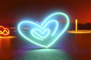 The heart shapes on abstract light neon glitter background in love concept for valentines day with sweet and romantic. Neon heart glowing background space for text. Design and digital material. photo