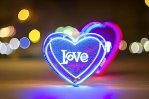 The heart shapes on abstract light neon glitter background in love concept for valentines day with sweet and romantic. Neon heart glowing background space for text. Design and digital material. photo