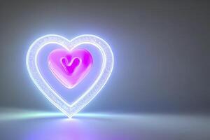 The heart shapes on abstract light neon glitter background in love concept for valentines day with sweet and romantic. Neon heart glowing background space for text. Design and digital material. photo