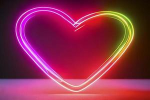 The red Heart shapes on abstract light neon glitter background in love concept for valentines day with sweet and romantic. Neon heart glowing background space for text. Design and digital material. photo