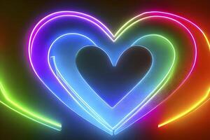 The heart shapes on abstract light neon glitter background in love concept for valentines day with sweet and romantic. Neon heart glowing background space for text. Design and digital material. photo