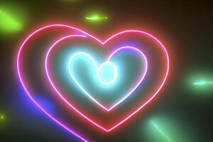 The heart shapes on abstract light neon glitter background in love concept for valentines day with sweet and romantic. Neon heart glowing background space for text. Design and digital material. photo