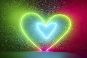 The heart shapes on abstract light neon glitter background in love concept for valentines day with sweet and romantic. Neon heart glowing background space for text. Design and digital material. photo