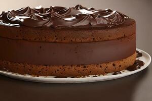 Chocolate cake on the plate side view with chocolate cream on top. photo