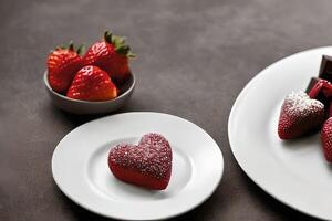 Love shape strawberry cake with some sugar powder topping and strawberry fruit in a plate. photo