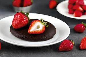 Chocolate pie and lots of strawberry fruit serve on a plate. photo