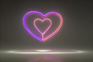 The heart shapes on abstract light neon glitter background in love concept for valentines day with sweet and romantic. Neon heart glowing background space for text. Design and digital material. photo