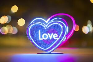 The heart shapes on abstract light neon glitter background in love concept for valentines day with sweet and romantic. Neon heart glowing background space for text. Design and digital material. photo