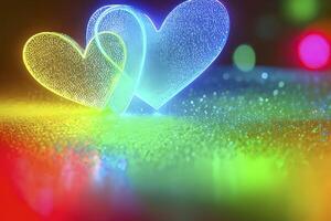 The heart shapes on abstract light neon glitter background in love concept for valentines day with sweet and romantic. Neon heart glowing background space for text. Design and digital material. photo