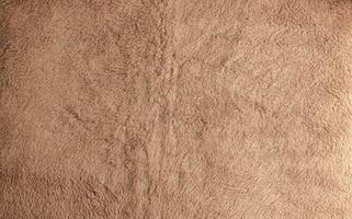 Background picture of a soft fur beige carpet. Wool sheep fleece closeup texture background. Top view. photo