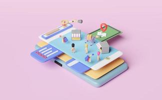 mobile phone or smartphone with store front,walking fingers,search magnifying,shopping cart,goods box on pink background ,franchise business or online shopping concept,3d illustration or 3d render photo