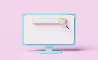 computer monitor with blank search bar isolated on pink background. ,minimal web search engine or web browsing concept,3d illustration or 3d render photo