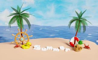 summer travel concept with sternwheel, palm tree, lifebuoy, seaside, suitcase, yellow duck, sandals, boat, crab, beach isolated on blue sky background. 3d illustration or 3d render photo