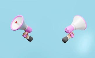 businessman hands holding pink megaphone or hand speaker isolated on blue background. Concept 3d illustration or 3d render photo