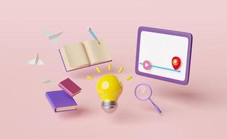 3d tablet computer with yellow light bulb, play bar, paper plane, magnifying isolated on pink background. idea tip education, knowledge creates, e-learning concept, 3d render illustration photo