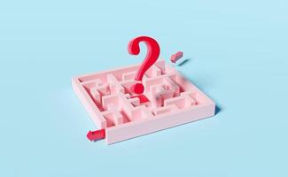 maze with question mark symbol, arrow isolated on blue background. FAQ or frequently asked questions, finding solution, business strategy concept, 3d illustration, 3d render photo