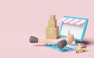 computer monitor with store front,businessman hand,goods box,scooter isolated on pink pastel background,franchise business or fast package shipping delivery concept ,3d illustration or 3d render photo