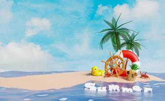 verano viaje concepto con rueda de popa, palma árbol, boya salvavidas, playa, maleta, amarillo pato, sandalias, bote, cangrejo, playa aislado en azul cielo antecedentes. 3d ilustración o 3d hacer foto