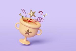 Golden champion cup or trophies with floating star, geometric shapes isolated on purple background. reward cup concept, 3d illustration or 3d render photo