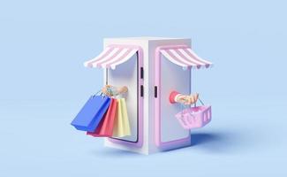 móvil teléfono o teléfono inteligente con Tienda frente, mano participación vistoso compras papel bolsas de compras cesta crédito tarjeta en azul,franquicia negocio o en línea compras concepto, 3d ilustración o 3d hacer foto