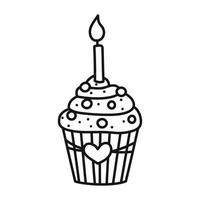 Cute cupcake with icing and candle. Cartoon style. Hand drawn line art vector illustration isolated on white background.