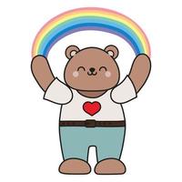 A cute cartoon bear stands with a rainbow over vector