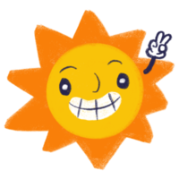 Cartoon smiling face sun showing victory hand sign. Crayon styled doodle illustration png