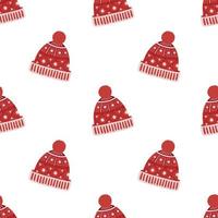 Red knitted winter hat. Simple and festive seamless pattern vector