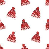 Red knitted winter hat. Simple and festive seamless pattern vector